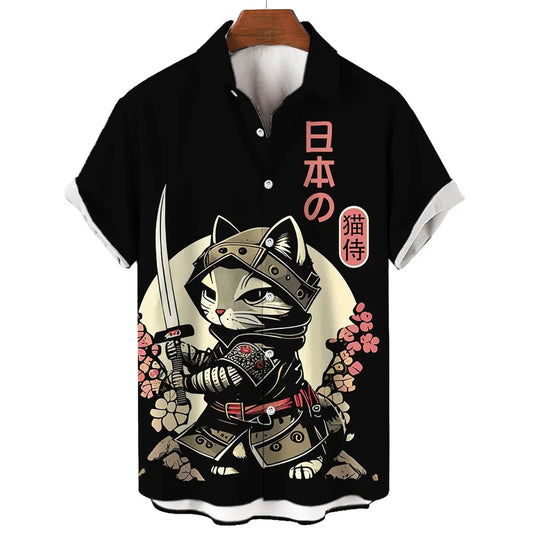 Fashion Cool Samurai Cat Graphic Shirt Japanese Style y2k Men's Streetwear Summer Casual Short Sleeve Buttons Hawaiian Shirts