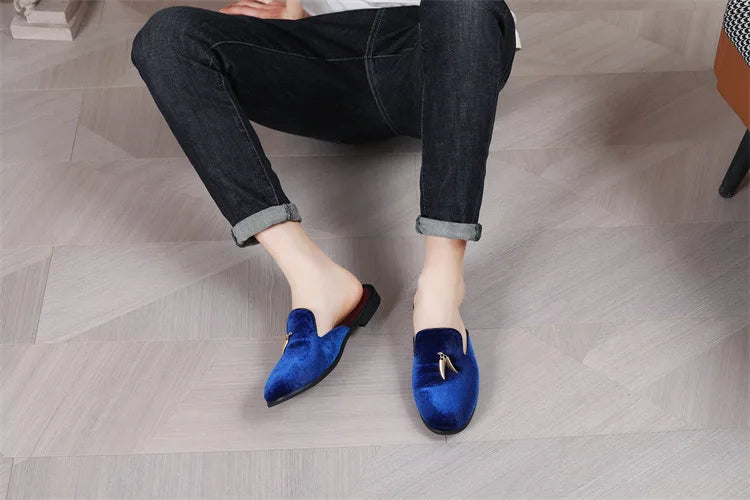 Fashion New Men Velvet Tassels Half Slippers Loafer Male Casual Purple Green Blue Black Mules Moccasins Breathable Driving Shoes