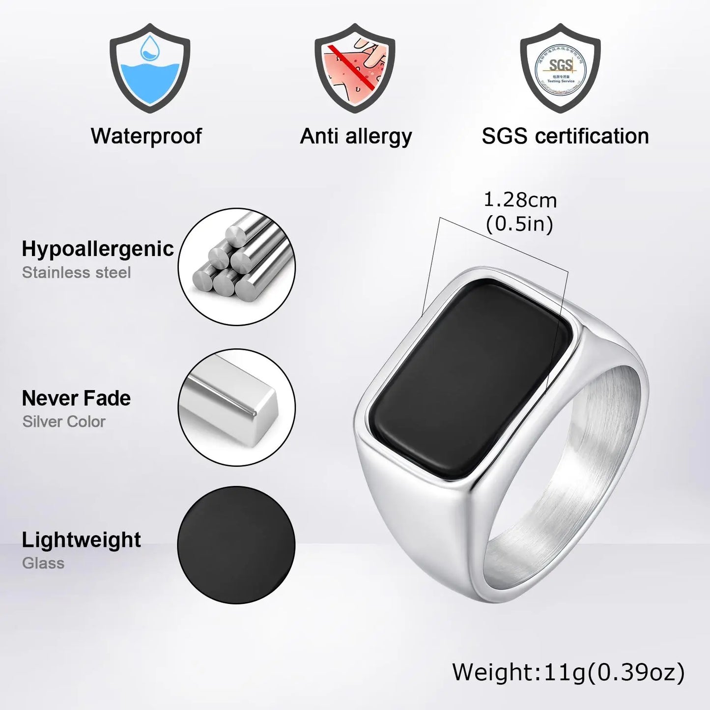 Vnox Men's Stainless Steel Geometric Glass Stone Signet Ring, 12.8mm Width Size 7-12 Waterproof Rectangle Top Ring Gift for Men‌