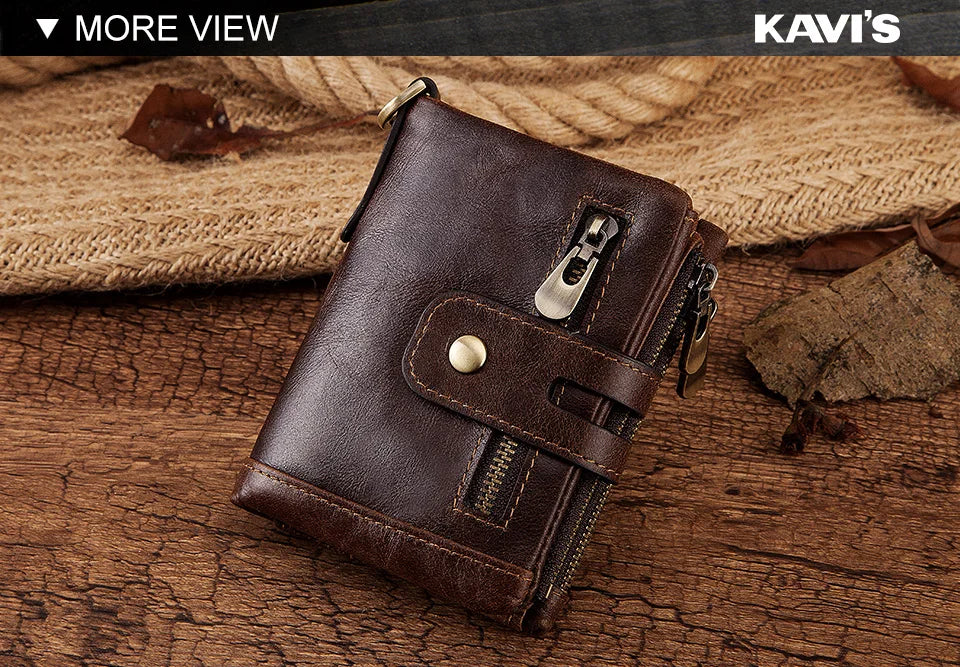 LAREET Fashion Genuine Leather Wallet With Cowhide For Men Money Card Holder Purse RFID Short Double Zipper Coin Pocket Bifold