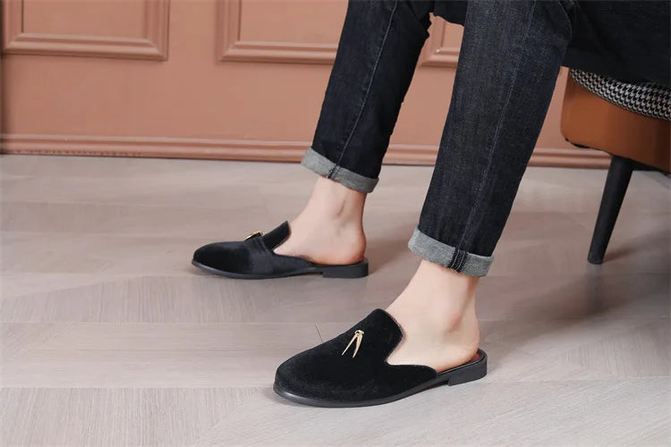 Fashion New Men Velvet Tassels Half Slippers Loafer Male Casual Purple Green Blue Black Mules Moccasins Breathable Driving Shoes
