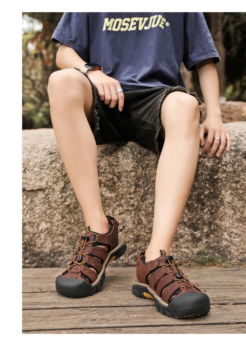 Men's Sport Sandals Outdoor Hiking Sandals Closed Toe Leather Fashion All-match Light Trail Walking Casual Sandals Water Shoes