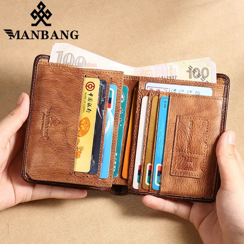 【Genuine Cow Leather / Gift Box】ManBang Luxury Men's Wallet RFID Short Trifold For Men with ID Window and Credit Card Holder