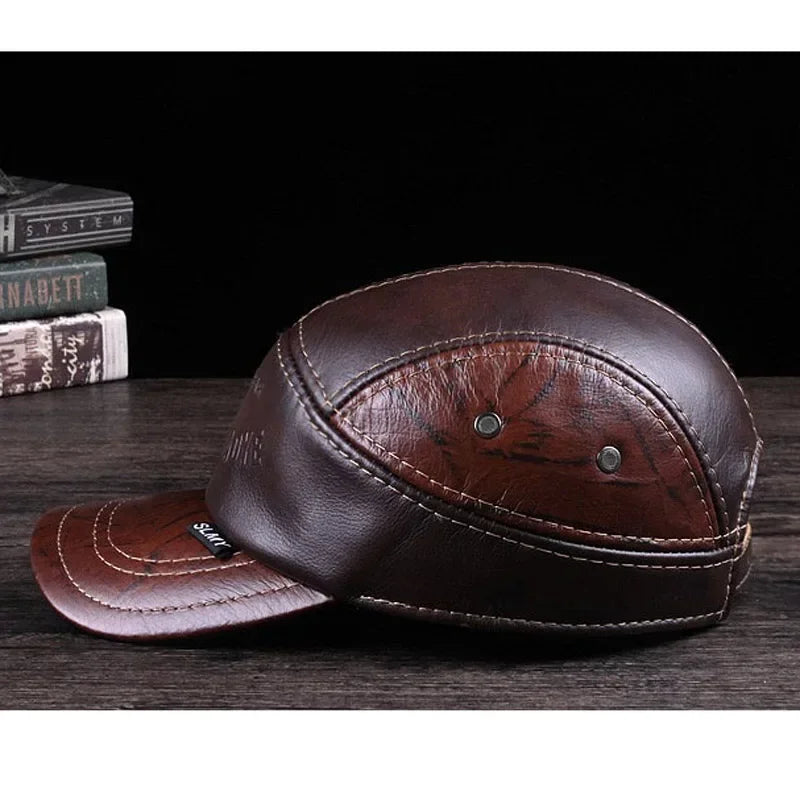 2025 Winter Man Genuine Leather Baseball Caps Male Casual Cowhide Belt Ear Warm 56-60 Adjustable Splice Flight Hats