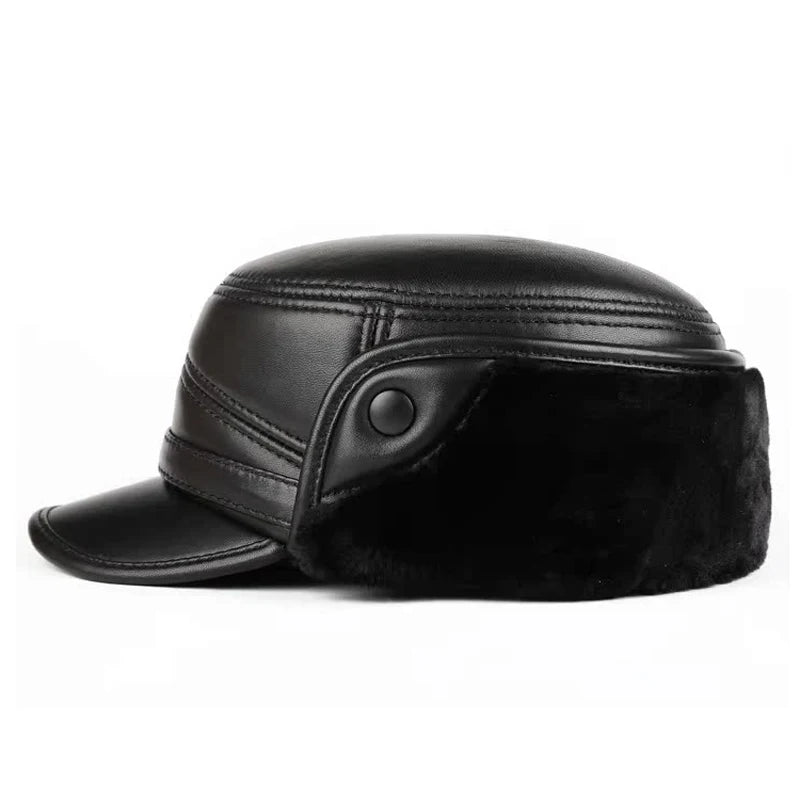High Quality Genuine Leather Hats Winter First Layer Cowhide Warm Earmuffs Bomber Caps Plus Velvet Thicken Man Bone Caps Dad Hat