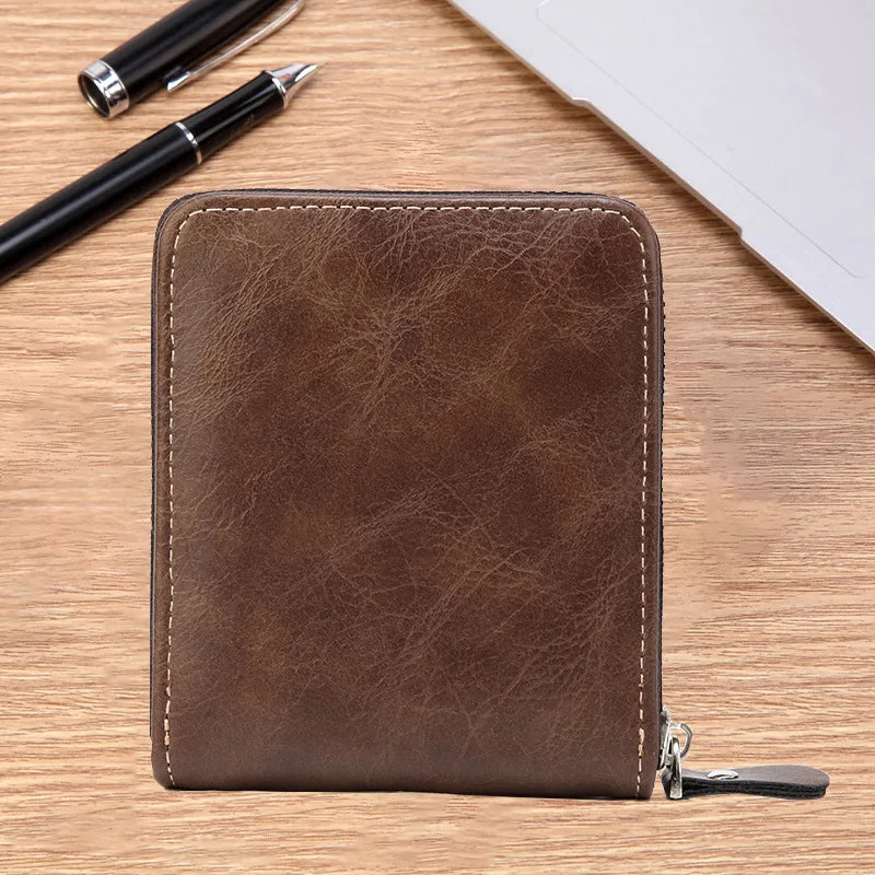 Men’s PU Waxed Oil Leather Wallet – Short Bifold Coin Purse with All-Around Zipper for Cash & Cards