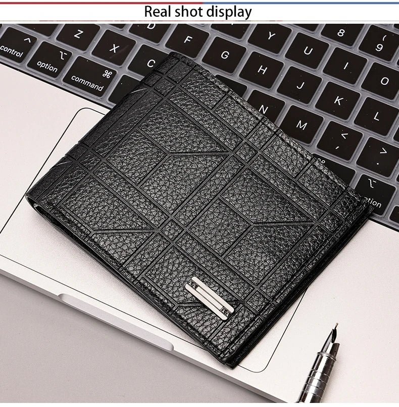 Men's Checkered PU Leather Wallet - Multi Card Slot, Business Style, Solid Color, Ideal Gift for Men
