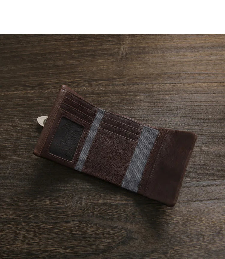 2025 Handmade Wallet Men's Short Leather Triple Fold Money Clip Cowhide Youth Buckle Student Vertical Vegetable Tanned Leather