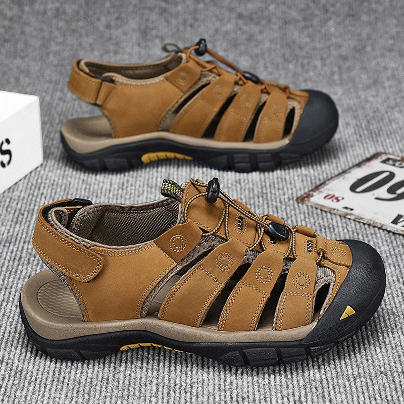 Men's Sport Sandals Outdoor Hiking Sandals Closed Toe Leather Fashion All-match Light Trail Walking Casual Sandals Water Shoes