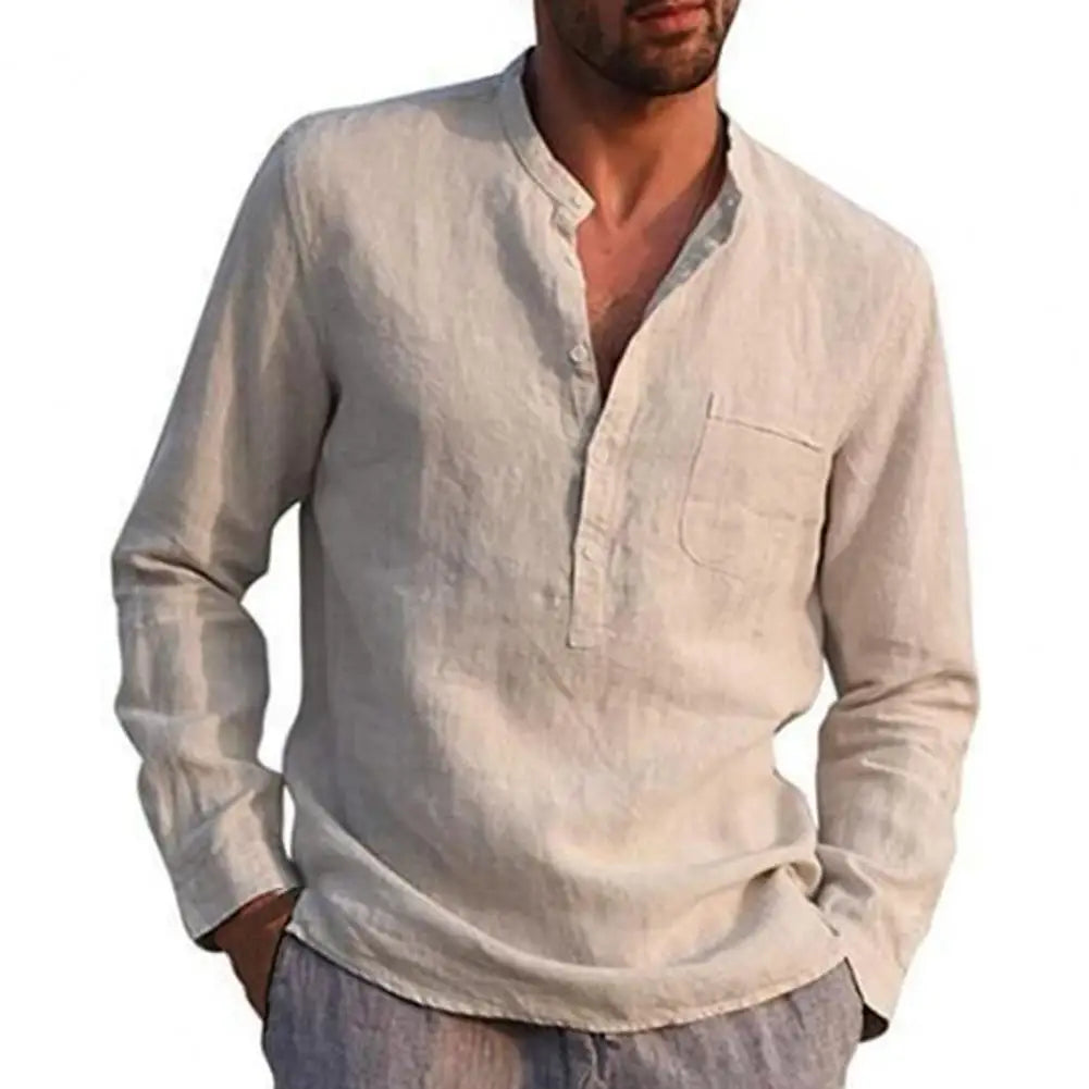 Cotton Linen Shirts for Men Long Sleeve Casual Shirts Solid Color Stand Collar Button Loose Men Shirt Beach Shirts