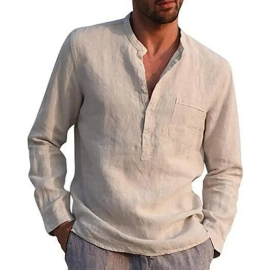 Cotton Linen Shirts for Men Long Sleeve Casual Shirts Solid Color Stand Collar Button Loose Men Shirt Beach Shirts
