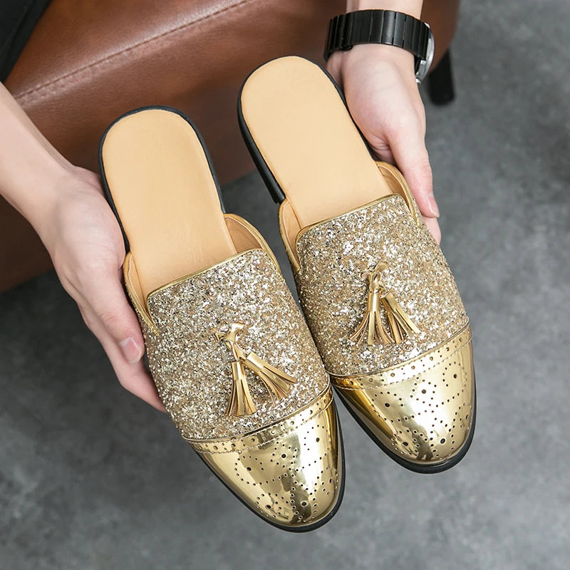 2024 New Luxury Designer Men's Casual Bling Leather Loafers Italian for Men Half Shoes Mules Male Black Slides Business Slippers