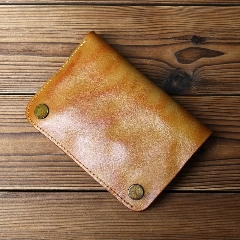 Retro Handmade Leather Wallet for Ladies Top Layer Cowhide Men's Short Wallet Wiping Color Buckle Bag Vertical Credit Card Bag
