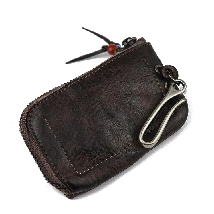 Natural Leather Key Wallet for Men Short Zipper Car Key Holder Real Leather Coin Purse Card Case Bag Keys Organizer Housekeeper