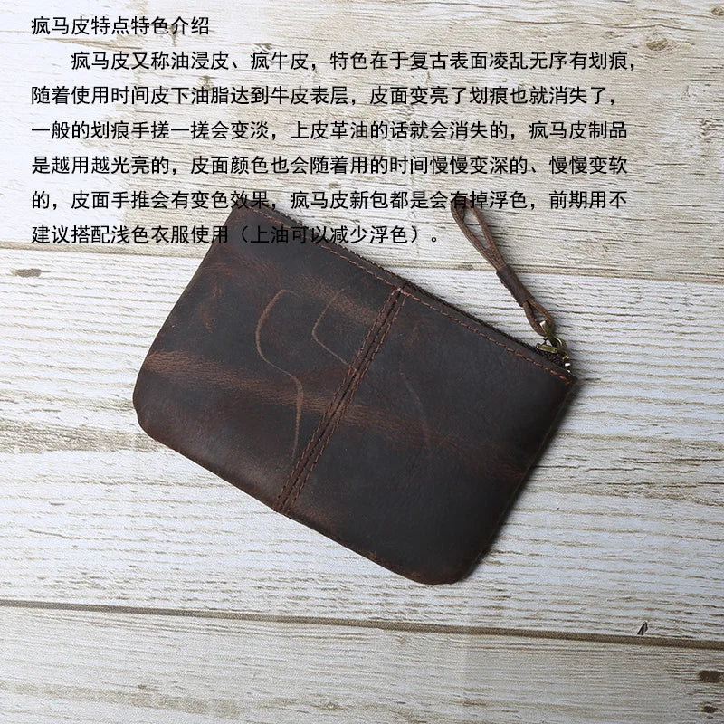 Hand-Made Leather Mini Wallet Man Retro First-Layer Cow Pickup Bag Change Purse Crazy Horse Leather Simple Driver's License Bag