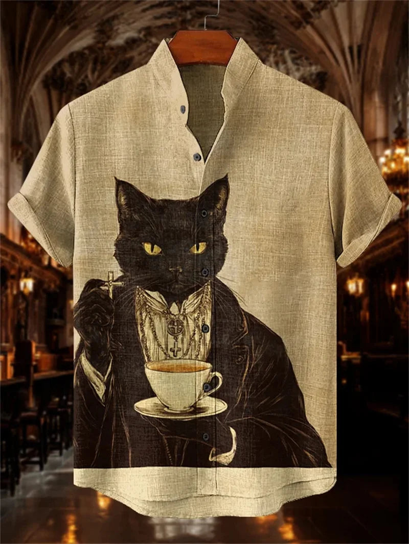 New Men's Linen Black Cat Art Shirt 3D Printed Casual Hawaiian Shirt Summer Men's Short Sleeve Shirt Beach Top