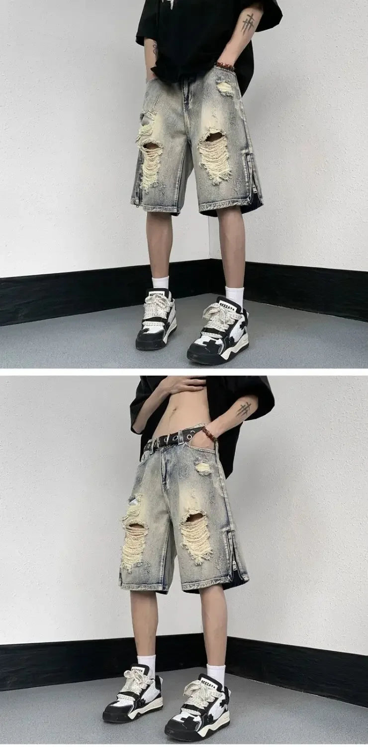 Men's High Street Ripped Denim Versatile Loose and Handsome Shorts