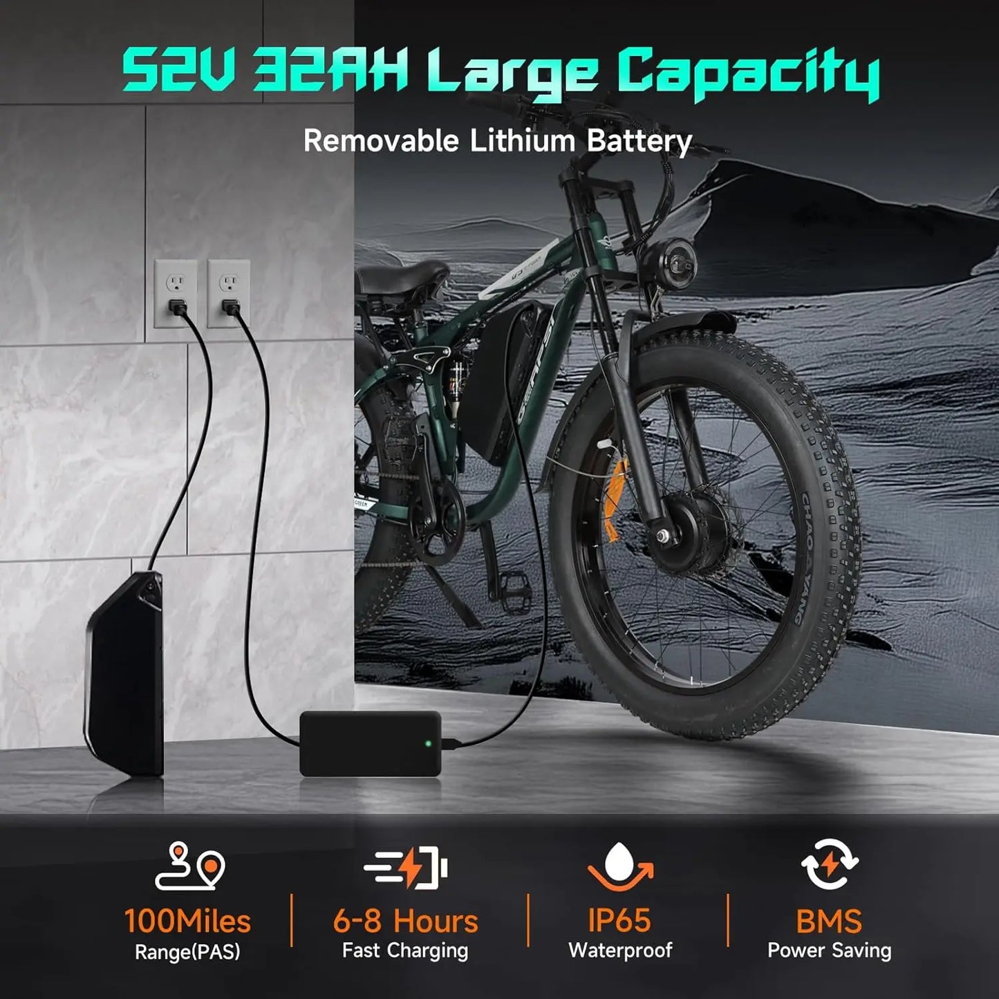 BAOLUJIE Peak 5000W Electric Bikes for Adults，Electric Dirt E Bike，26 Inch Fat Tire Dual Motor Ebike Mountain Electric Bicycle