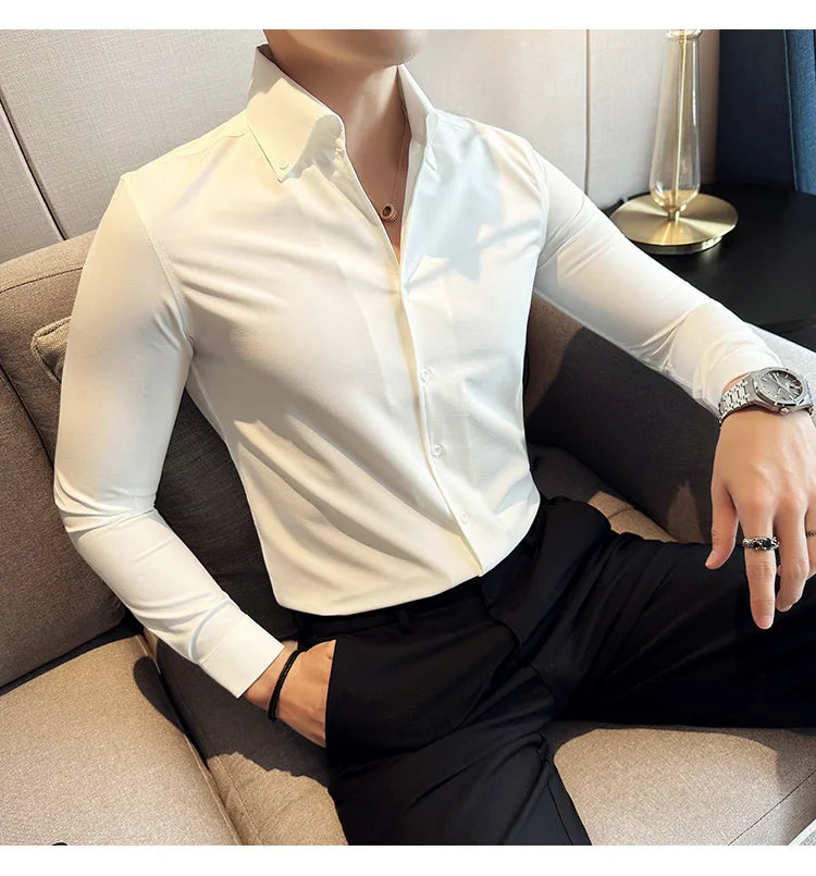 Men Dress Shirt 2025 Autumn British Style Solid Casual Slim Fit Formal Camisas V-neck Long Sleeves Shirt Streetwear Men Clothing