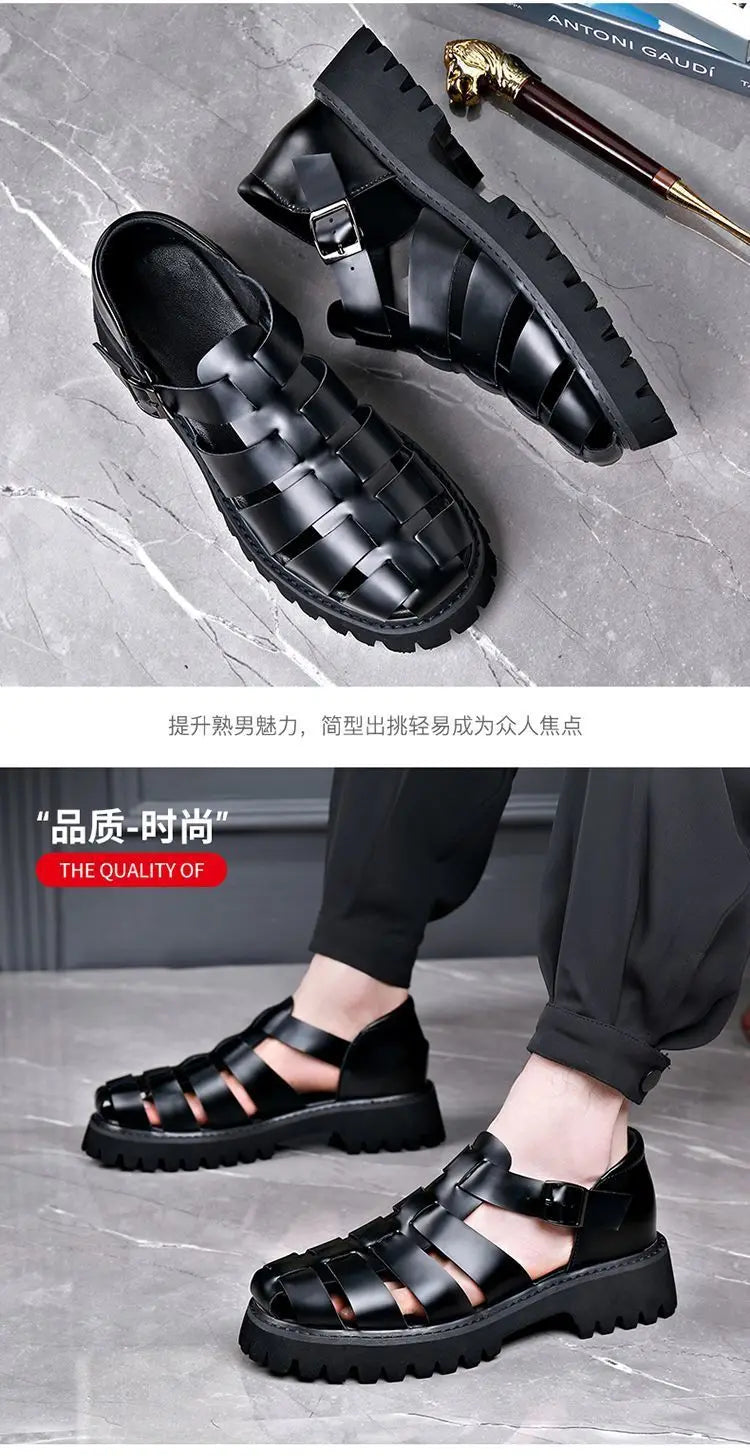 Fashion New Designer Platform Sandals for Men 2025 Summer Buckle Leather Dress Sandal Shoes Man Big Size Black  Sandalias Hombre