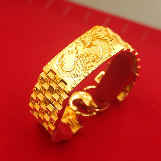 Exquisite Dragon Vein Car Flower Bangle Chain 14k Gold Color Watch Chain Wedding Birthday Fine Jewelry Gift for Men Father Bro