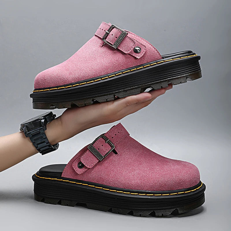 Men's Fashion Large Leather Casual Slippers Men's Four Seasons Half Slippers Non Slip Beach Shoes Classic Clogs Shoes
