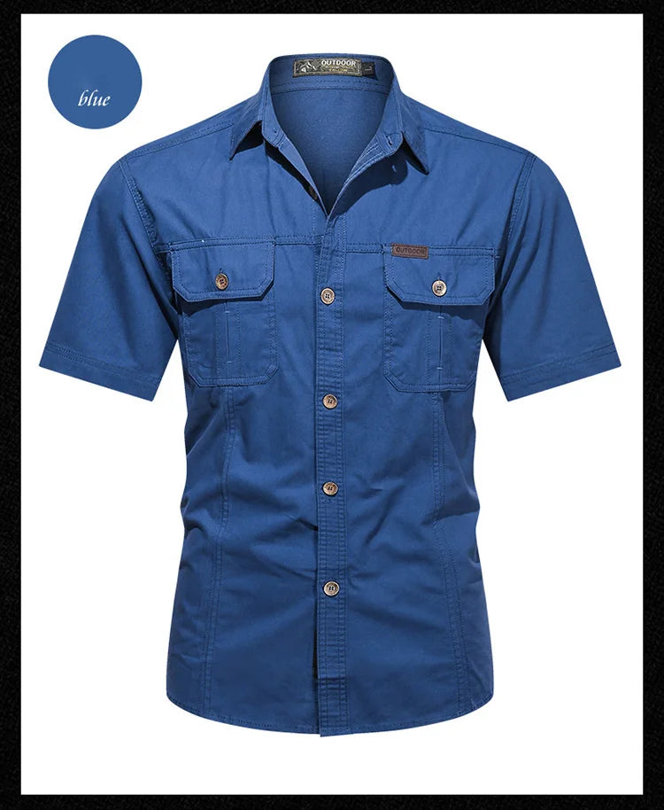 Summer men's thin short sleeved shirts, men's outdoor work clothes, multi bag half sleeved tops, pure cotton washed shirts