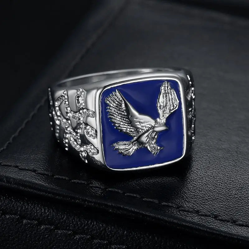 1pc, 316L stainless steel jewelry, eagle ring, anima, blue enamel, street style, party,men's and women's holiday gifts