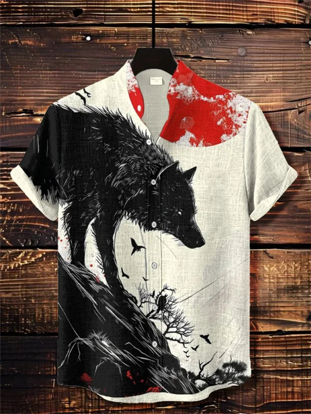 Men's Japanese Retro Art Print Short Sleeve Stand up Collar Linen Shirt Casual plus Size Fashion Fast Shipping