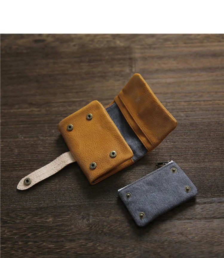 2025 Handmade Wallet Men's Short Leather Triple Fold Money Clip Cowhide Youth Buckle Student Vertical Vegetable Tanned Leather