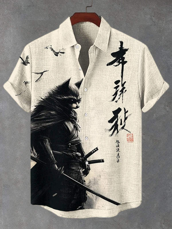 Japanese Style Samurai Cat 3d Print Hawaiian Shirt Men Women Fashion Short Sleeve single-breasted Casual Beach Shirts Men blouse