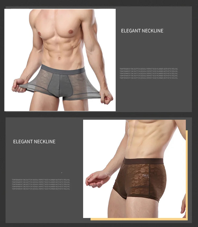 Men Boxer Underwear Sexy Ultra Thin Strectch See Through Panties Ice Silk Breathable Mid Waist Solid Underpants Male Briefs