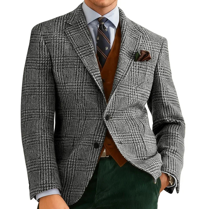 Autumn Winter Men's Suits Jacket Formal Single-Breasted Plaid Blazer Tweed Wear Tuxedos Business Casual Party Men Sport Coats