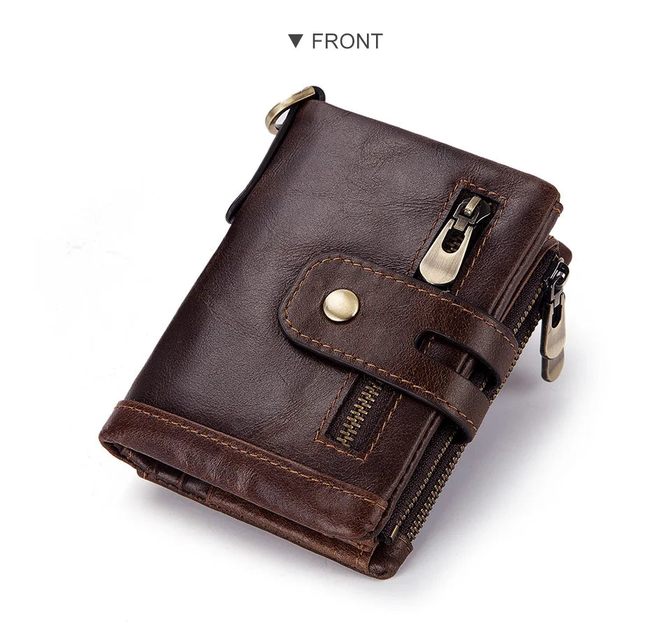 LAREET Fashion Genuine Leather Wallet With Cowhide For Men Money Card Holder Purse RFID Short Double Zipper Coin Pocket Bifold