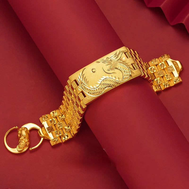 Exquisite Dragon Vein Car Flower Bangle Chain 14k Gold Color Watch Chain Wedding Birthday Fine Jewelry Gift for Men Father Bro