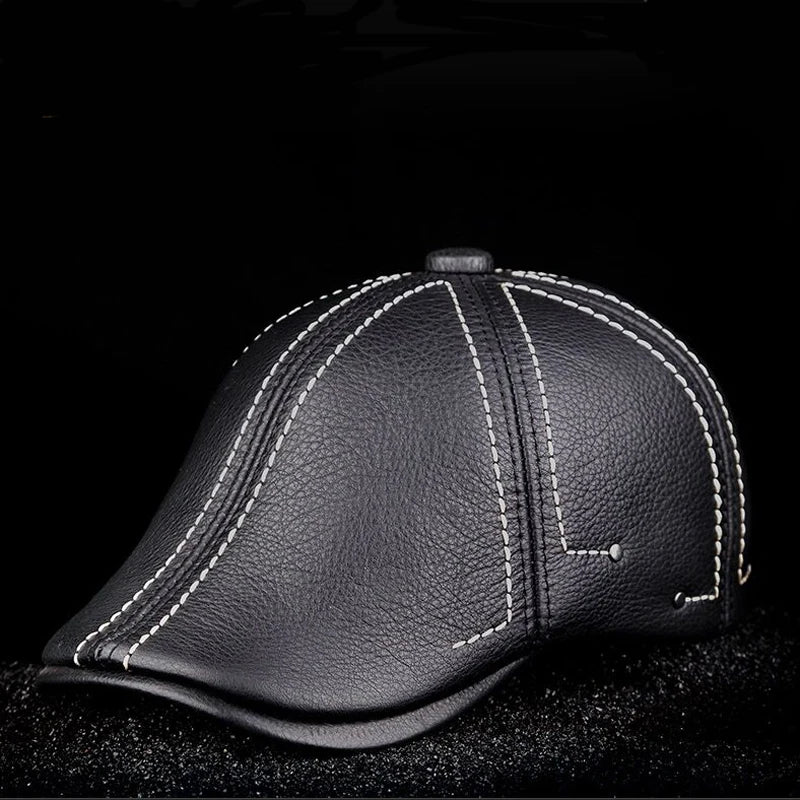 New Cowhide Genuine Leather Men Berets Cap Hat High Quality Fashion Men's Real Leather Adult Striped Black Hats