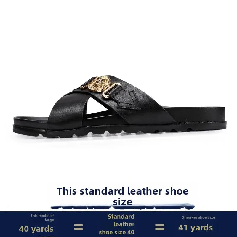 Trendy Versatile Men's Slippers Soft Sole One-Piece Genuine Leather Beach Shoes Cross Strap Casual Shoes Summer 2024