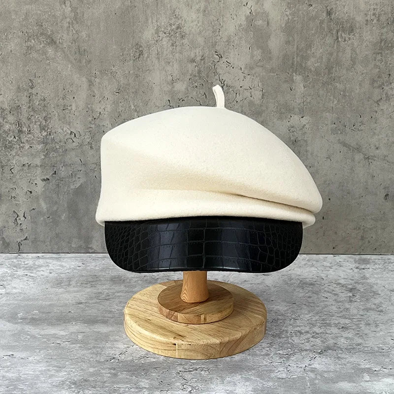 Fashion leather brim wool beret women's autumn/winter Korean style newsboy hat British knight hat duck cap Japanese system
