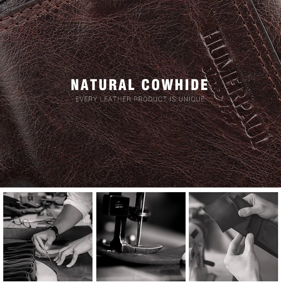 Real Leather Wallet for Men RFID Blocking Credit Card Holder Purse Male Short Bifold Zipper Coin Pocket with Anti-Theft Chain