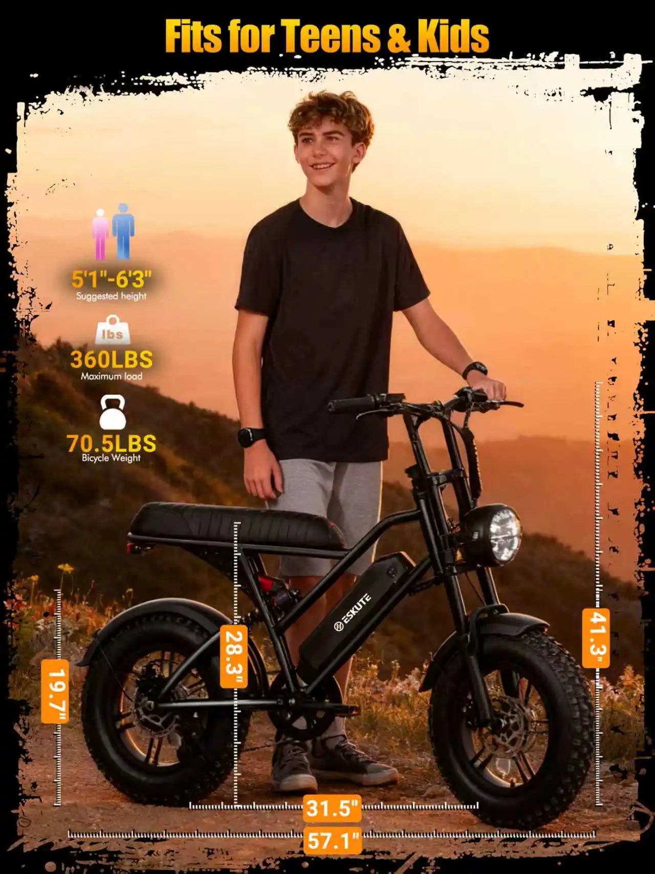 Eskute V100 Electric Bike, 1500W Peak 28MPH 48V13Ah Motorcycle, 16"x4" Fat Tire 7-Speed Dual Suspension E-Bike, 1 Year Warranty