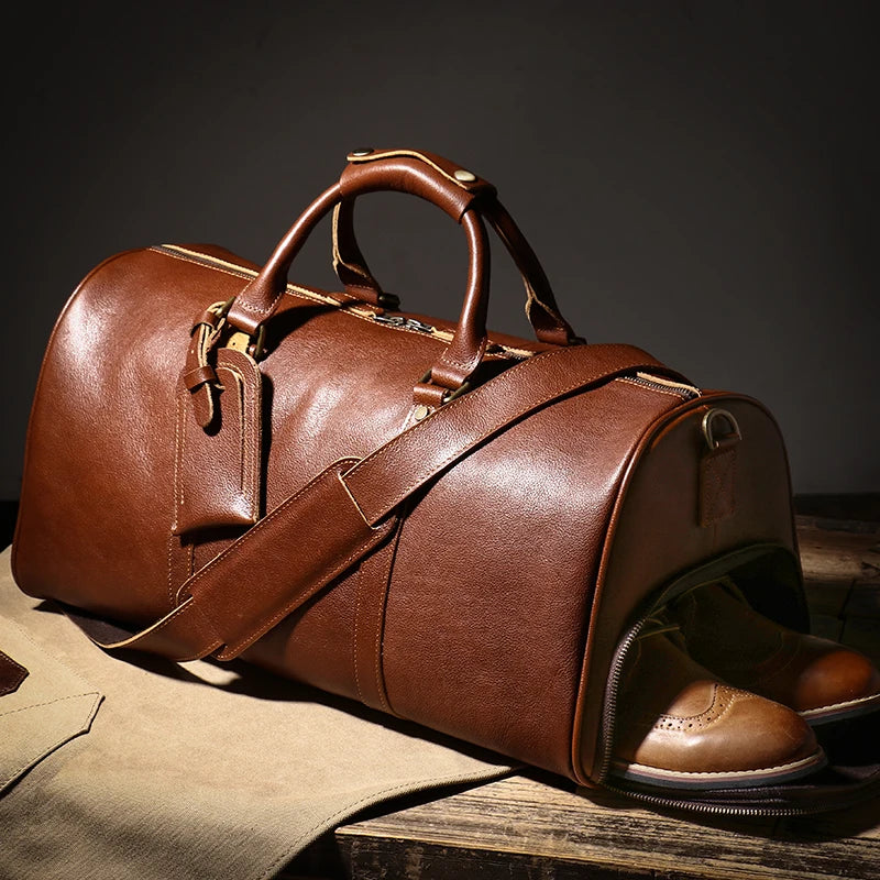 LUOKIR High Quality Men's Travel Bag Genuine Leather Luxury Luggage Bag Women's Weekend Duffle Bag Vintage Business Handbag