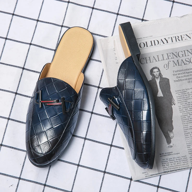 2024 New Luxury Designer Men's Casual Bling Leather Loafers Italian for Men Half Shoes Mules Male Black Slides Business Slippers