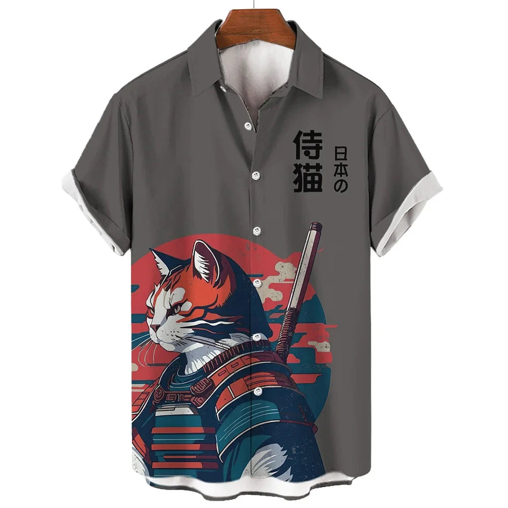 Fashion Cool Samurai Cat Graphic Shirt Japanese Style y2k Men's Streetwear Summer Casual Short Sleeve Buttons Hawaiian Shirts