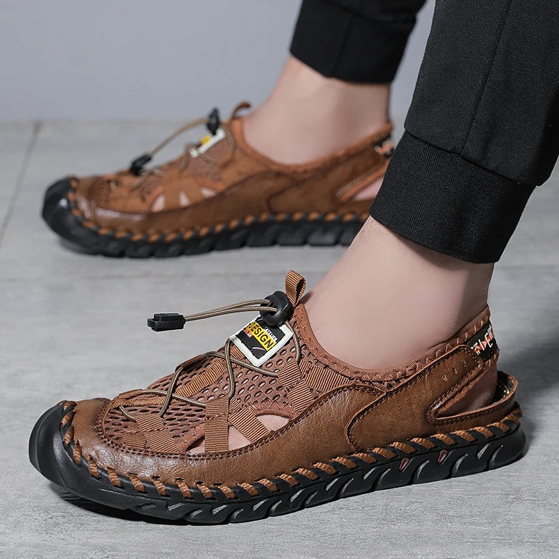 Men's Sandals Summer Leather Fisherman Beach Shoes Closed Toe Sandals for Men Handmade Breathable Water Sandals Outdoor Non Slip