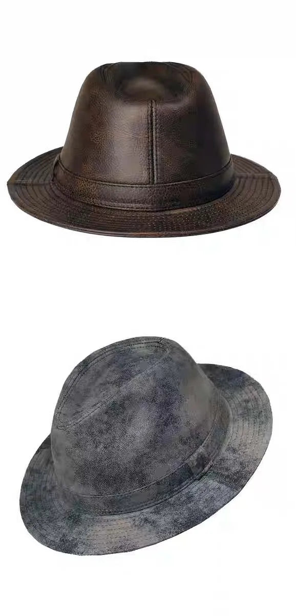 Man High Quality Genuine Leather Jazz Fedora Gentleman Cowhide Short Brim Black/Brown Top Hat Male Shows Topper Color Blocking