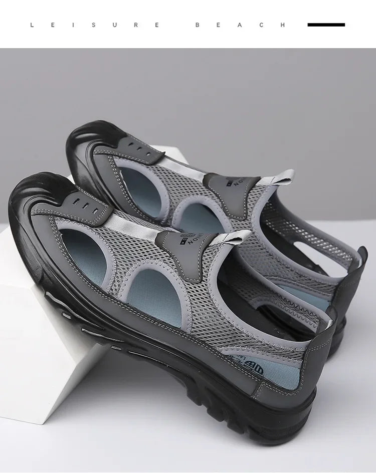 2025 Summer Beach Sandals for Men New Hollow Men's Sandals Outdoor Breathable Mens Bag Head Mesh Casual Shoes Zapatillas Hombre
