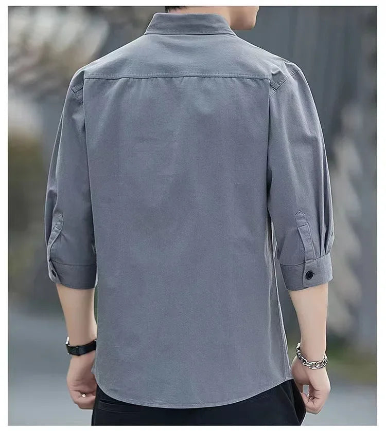 Men shirts Summer Men's clothing Short-Sleeved shirts & blouses Daily Solid Color Stand-Up Collar Casual Beach Style Male Shirt