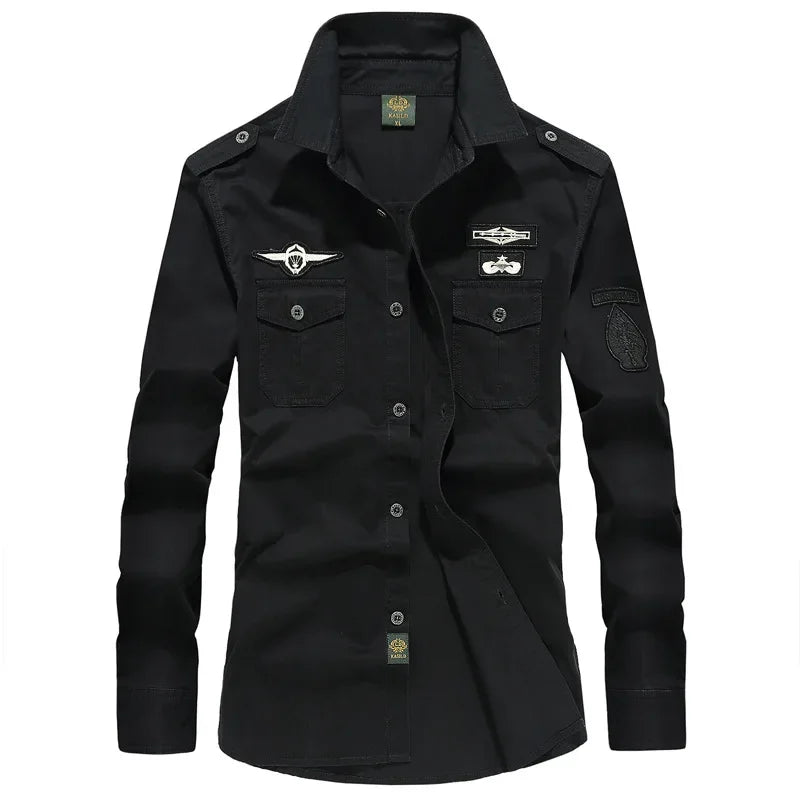 2023 Spring Shirts Men Long Sleeve Casual 100% Cotton High Quality Camisa Military Shirts Fashion Brand Clothing Black Blouse