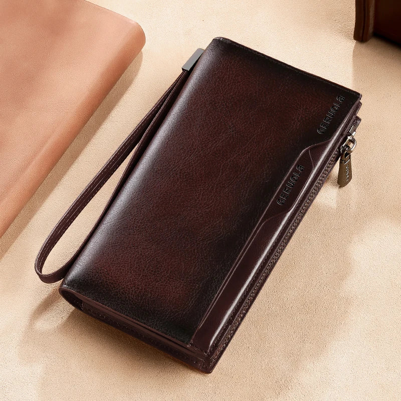 New Men's Genuine Leather Wallet Long Cowhide Handbag Travel Lightweight Minimalist Large Capacity Anti-Theft Gradient Yellow Br