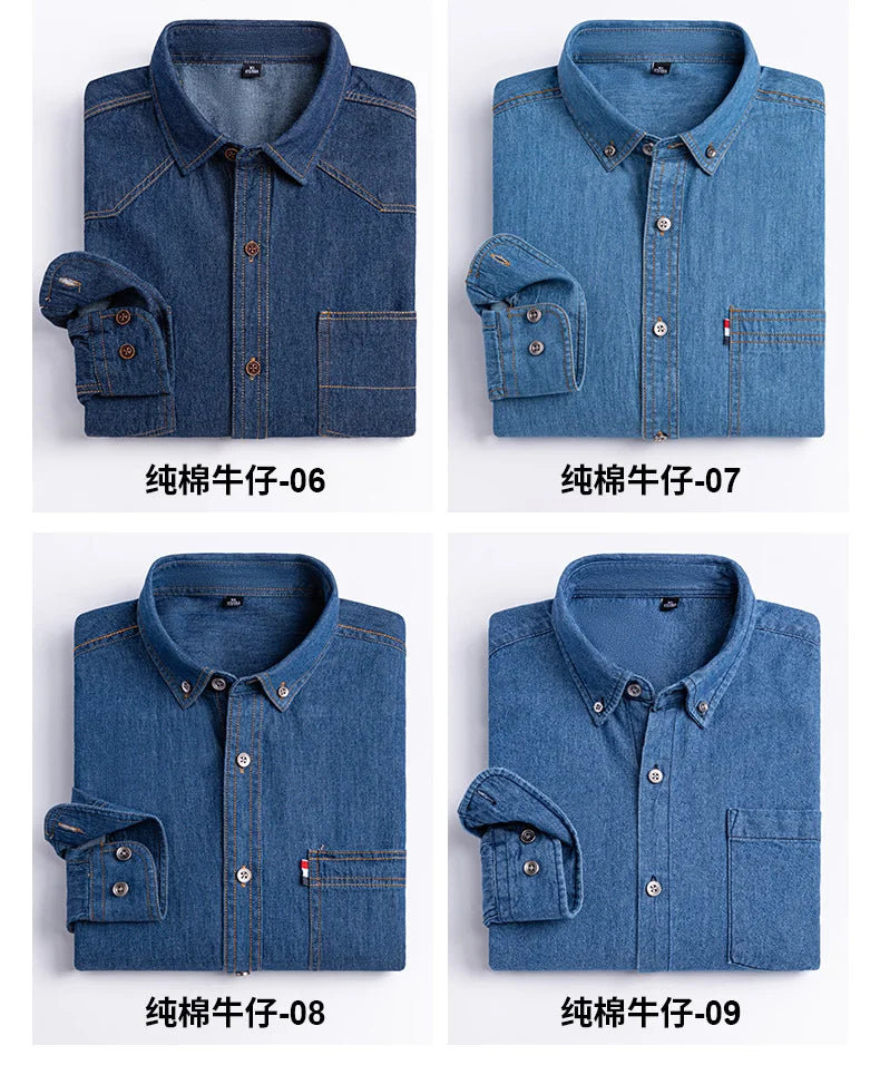 New men's long-sleeved shirt 100% cotton denim spring/summer casual non-ironing high quality breathable plus size solid color